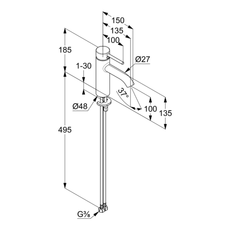 Baterie lavoar, Kludi, Bozz 100, fără ventil, crom [1]