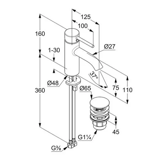 Baterie lavoar Kludi Bozz 382660576, 3/8'', marimea S, monocomanda, cartus ceramic, fara ventil, crom [3]