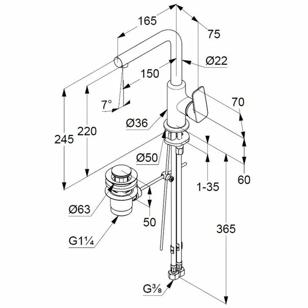 Baterie lavoar Kludi Pure&Style cu levier lateral si ventil metalic pop-up [1]