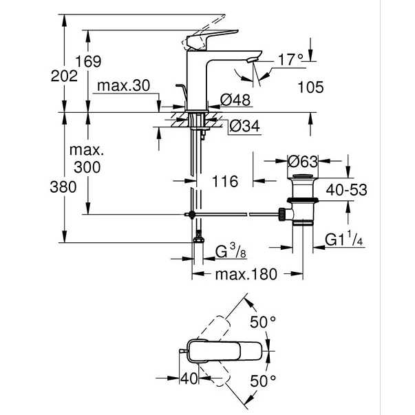 Baterie lavoar Grohe 1017492430, Cubeo, tip comanda monocomanda, tip instalare pe lavoar, marime m, negru [3]