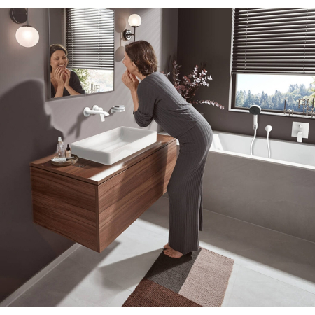 Baterie lavoar montaj perete Hansgrohe Vivenis, jet WaterfallStream, tehnologie EcoSmart, alb mat [4]