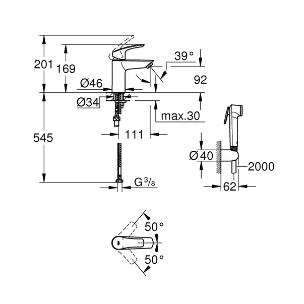 Baterie lavoar negru mat Grohe Eurosmart New S cu set dus igienic [3]