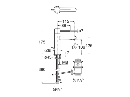Baterie lavoar Roca A5A303FC00, 28 mm, 5 l/min, 0.5 bar, 35 mm, 175 mm, 115 mm, 380 mm, 1 orificii instalare, Crom [1]