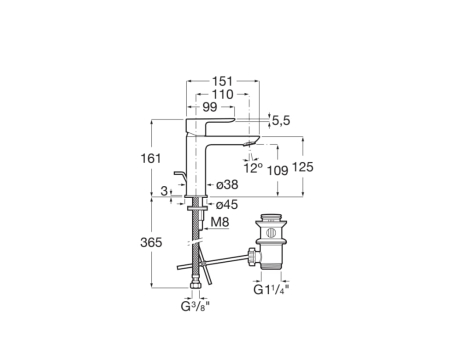 Baterie lavoar Roca A5A306EC00, 28 mm, 5 l/min, 0.5 bar, 35 mm, 161 mm, 110 mm, 365 mm, 1 orificii instalare, Crom [1]