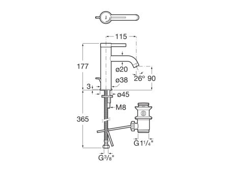 Baterie lavoar Roca A5A309EC00, 28 mm, 5 l/min, 0.5 bar, 35 mm, 177 mm, 115 mm, 365 mm, 1 orificii instalare, Crom [1]