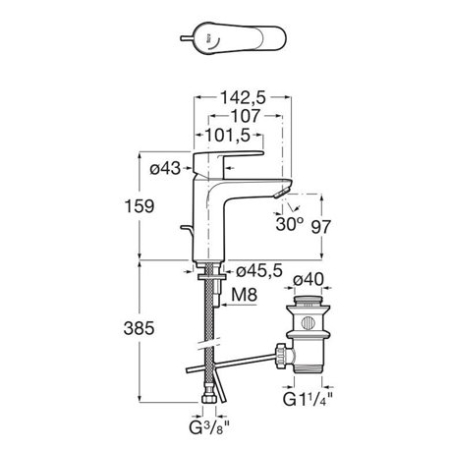 Baterie lavoar Roca A5A334FC00, 28 mm, 5 l/min, 0.5 bar, 35 mm, 159 mm, 142 mm, 385 mm, 1 orificii instalare, Crom [5]