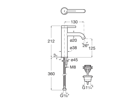 Baterie lavoar Roca A5A3C9ENB0, 28 mm, 5 l/min, 0.5 bar, 35 mm, 212 mm, 130 mm, 360 mm, 1 orificii instalare, Negru [1]