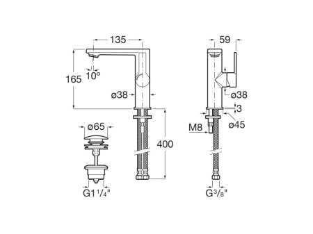 Baterie lavoar Roca A5A405FB00, 28 mm, 5 l/min, 0.5 bar, 35 mm, 165 mm, 135 mm, 400 mm, 1 orificii instalare, Alb [1]