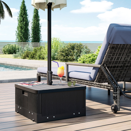  Baza pentru Umbrela 3-in-1 Exterior, Masuta de Cafea, Jardiniera cu Orificiu de Scurgere, Capacitate 80 kg, Suport Umplut cu Roti si Manere pentru Terasa si Piscina, Negru [1]