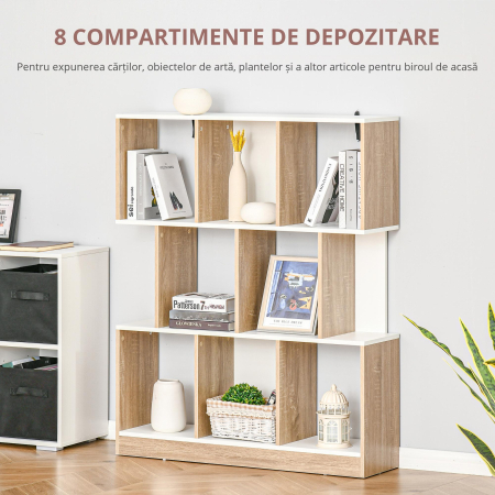  Biblioteca 100×27×124 cm - Lemn Stejar & Alb cu 8 Rafturi [3]