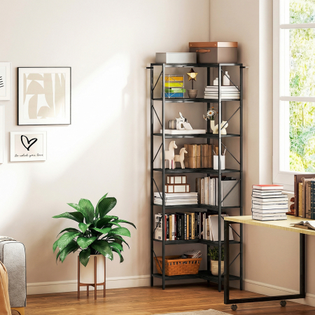  Biblioteca Coltar cu 7 Rafturi, Stil Industrial, Efect Lemn Negru [1]