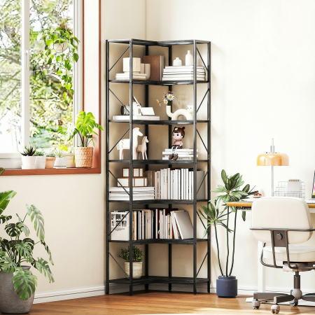  Biblioteca Coltar cu 7 Rafturi, Stil Industrial, Efect Lemn Negru [6]