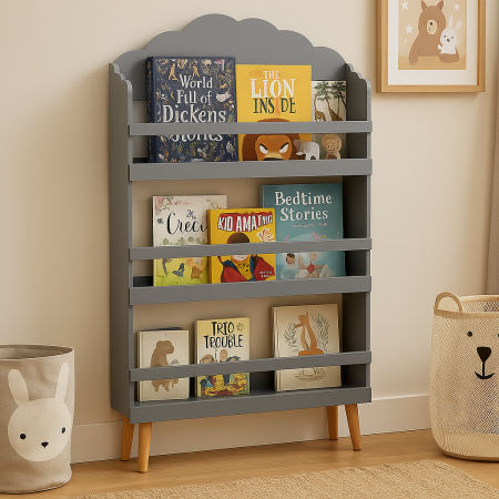 Biblioteca copii Atmosphera Nuage din MDF cu 3 rafturi si picioare din lemn, 58x100 cm, gri [2]