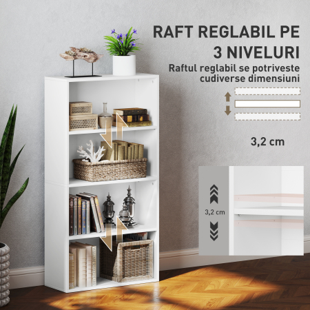  Biblioteca cu 4 Rafturi si 2 Rafturi Flexibile, din Lemn, 60x24x115.5 cm, Alb [4]