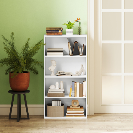  Biblioteca cu 4 Rafturi si 2 Rafturi Flexibile, din Lemn, 60x24x115.5 cm, Alb [8]