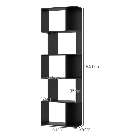  Biblioteca cu 5 Rafturi Divizate in Forma de S din Lemn, 60x24x184.5 cm, Negru [2]