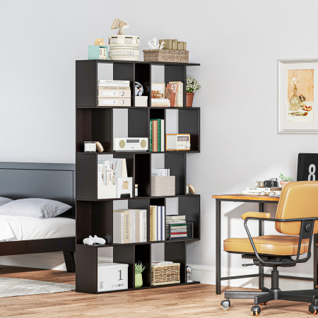  Biblioteca cu 5 Rafturi Divizate in Forma de S din Lemn, 60x24x184.5 cm, Negru [6]