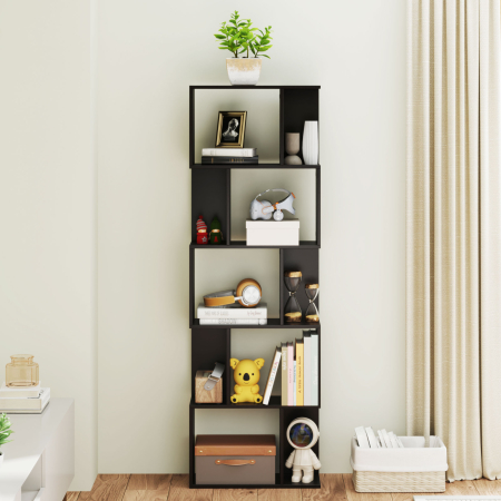  Biblioteca cu 5 Rafturi Divizate in Forma de S din Lemn, 60x24x184.5 cm, Negru [7]