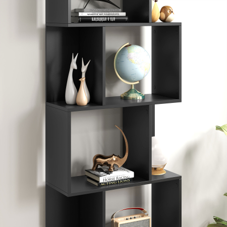  Biblioteca cu 5 Rafturi Divizate in Forma de S din Lemn, 60x24x184.5 cm, Negru [8]