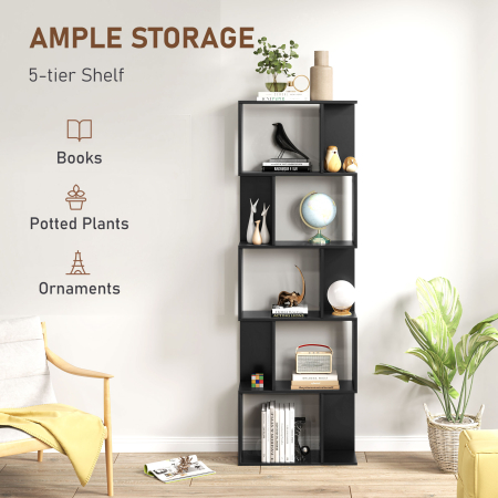  Biblioteca cu 5 Rafturi Divizate in Forma de S din Lemn, 60x24x184.5 cm, Negru [3]
