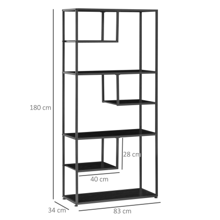  Biblioteca cu 7 nivele din PAL si otel pentru sufragerie, dormitor si birou, 83x34x180 cm, negru [2]