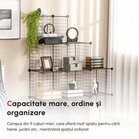  Biblioteca cu economie de spatiu pentru jucarii, haine, 9 cuburi din otel si PP, 35x35x35 cm, negru [5]
