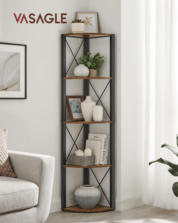 Biblioteca de colt cu 5 etaje, cadru metalic, stil industrial, 30x30x160 cm, maro rustic [1]