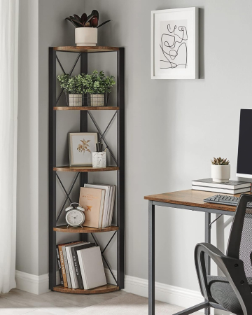 Biblioteca de colt cu 5 etaje, cadru metalic, stil industrial, 30x30x160 cm, maro rustic [3]