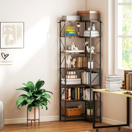  Biblioteca de Colt Industriala cu 7 Nivele, din Lemn si Otel, 60x60x198 cm, Maro Rustic [1]