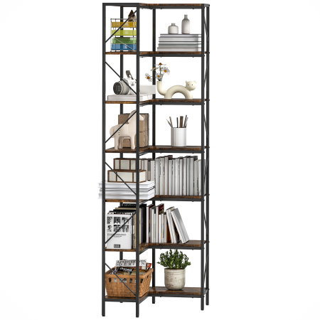 Living & hol -  Biblioteca de Colt Industriala cu 7 Nivele, din Lemn si Otel, 60x60x198 cm, Maro Rustic