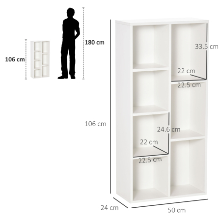  Biblioteca din Lem Stil Vintage Cubica cu 7 Suporturi Diferite din MDF pentru Casa si Birou, 50x24x106 cm, Alb [2]