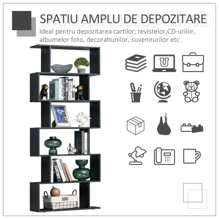  Biblioteca din Lemn cu 6 Rafturi, 80x24x191 cm, Negru [3]