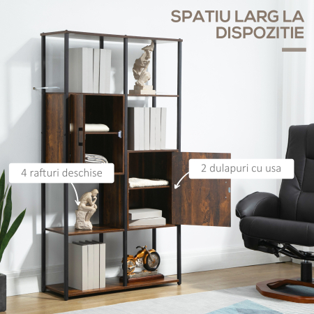  Biblioteca in stil industrial modern cu 4 rafturi si 2 dulapuri, rafturi din metal si lemn pentru casa si birou, 90x30x159,5 cm, negru si maro [4]