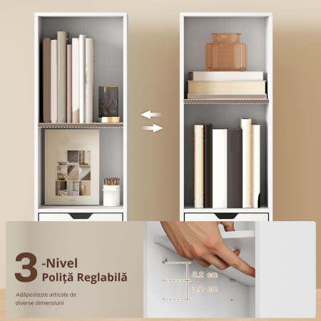  Biblioteca inalta cu 6 Nivele, Raft ingust cu Sertar si Usa - Alb [3]