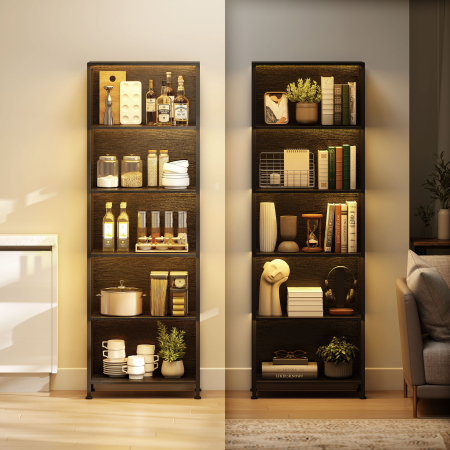  Biblioteca Industriala cu 5 Rafturi si Iluminare LED, din Metal si Lemn, 60x30x179 cm, Negru [6]