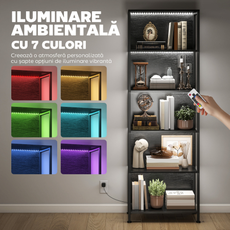  Biblioteca Industriala cu 5 Rafturi si Iluminare LED, din Metal si Lemn, 60x30x179 cm, Negru [3]