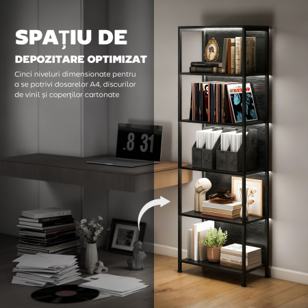  Biblioteca Industriala cu 5 Rafturi si Iluminare LED, din Metal si Lemn, 60x30x179 cm, Negru [4]