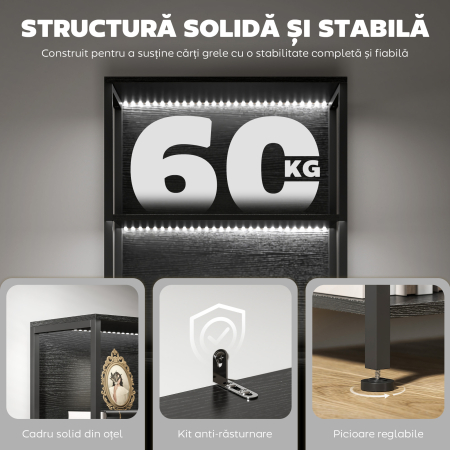  Biblioteca Industriala cu 5 Rafturi si Iluminare LED, din Metal si Lemn, 60x30x179 cm, Negru [5]