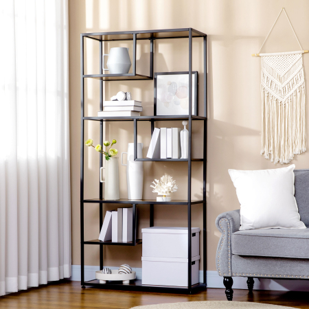  Biblioteca Mobila cu 7 Nivele din Lemn si Otel in Stil Industrial, 83x34x180 cm, Maro [6]