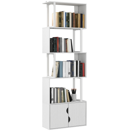 Living & hol -  Biblioteca Moderna cu 5 Rafturi si Dulapior cu 2 Usi din Lemn Alb