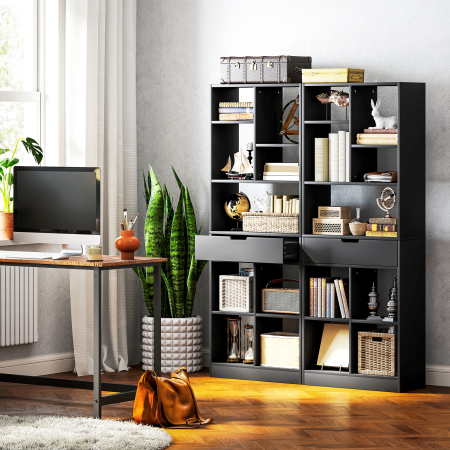  Biblioteca Moderna din Lemn cu Sertar Central si Kit Antirasturnare, 60x26x158 cm, Negru [5]