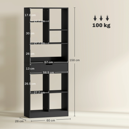  Biblioteca Moderna din Lemn cu Sertar Central si Kit Antirasturnare, 60x26x158 cm, Negru [2]