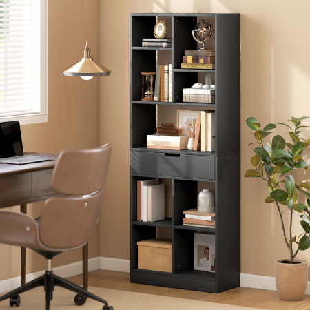  Biblioteca Moderna din Lemn cu Sertar Central si Kit Antirasturnare, 60x26x158 cm, Negru [1]