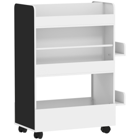 Dormitor & birou -  Biblioteca pentru Copii 3-8 Ani pe Doua Parti, Raft de Jucarii cu Roti si Tabla Neagra, Alb