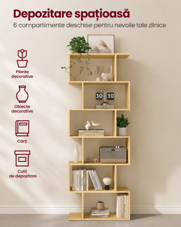 Biblioteca pentru living, dormitor sau birou, cu 6 rafturi pentru organizarea cartilor si expunerea decoratiunilor, design geometric, 70x24x192 cm, ma [2]