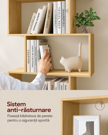 Biblioteca pentru living, dormitor sau birou, cu 6 rafturi pentru organizarea cartilor si expunerea decoratiunilor, design geometric, 70x24x192 cm, ma [4]