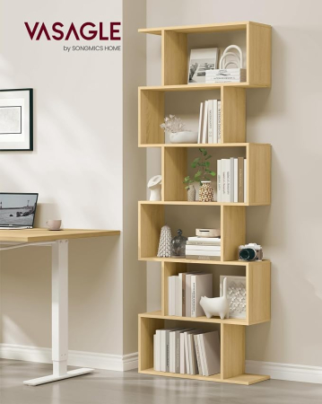 Biblioteca pentru living, dormitor sau birou, cu 6 rafturi pentru organizarea cartilor si expunerea decoratiunilor, design geometric, 70x24x192 cm, ma [3]