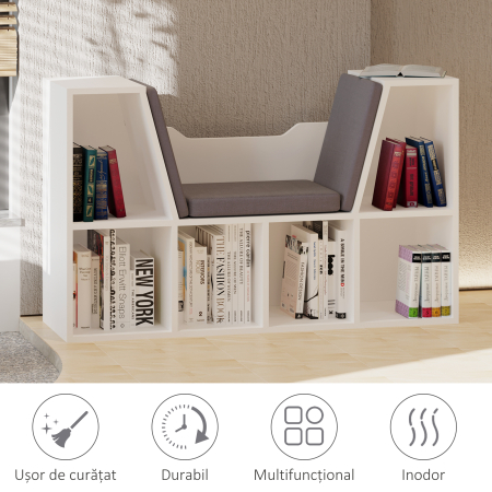  Biblioteca Raft 2 in 1 cu Perne Moi si 6 Compartimente, Mobilier Multifunctional pentru Carti si Jocuri, Raft cu 6 Cuburi pentru Living, Dormitor si Birou, 102x30x61 cm, Alb [6]