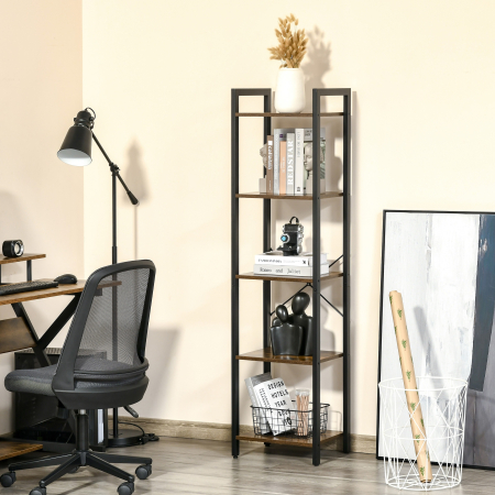  Biblioteca stil industrial cu 5 rafturi din lemn si otel, 40x30x154cm - Maro rustic [1]