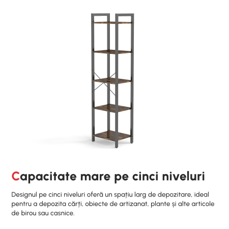  Biblioteca stil industrial cu 5 rafturi din lemn si otel, 40x30x154cm - Maro rustic [6]